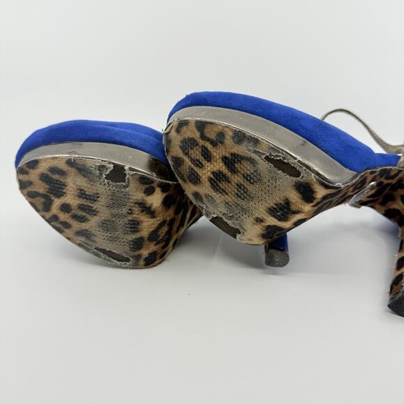 Betsey Johnson Sabine Blue Suede Heels Leopard Sole Size 7.5 Peep Toe Platform - Picture 8 of 9